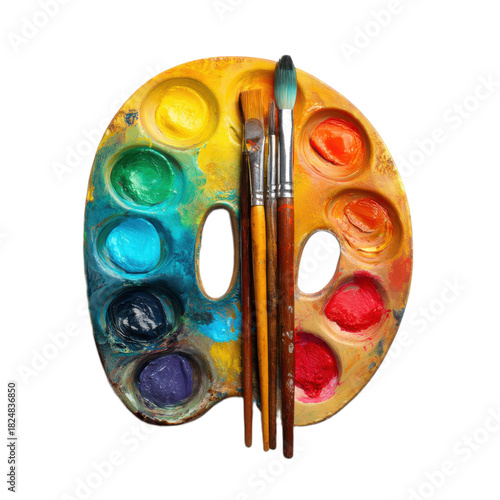 A palette of paint with a brush and three other brushes on it