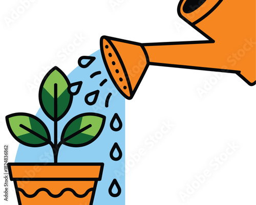 A green plant in a pot is being watered from an orange watering can with blue water droplets falling from the spout onto its leaves.