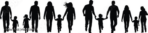 Title: Silhouette of large happy families walking holding hands, representing unity, childhood, parents, l