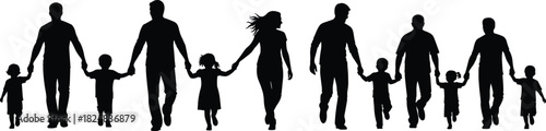 Multicultural and diverse silhouetted group of happy families walking together, holding hands, showing unity, community, parenthood, and childhood joy on a white background.