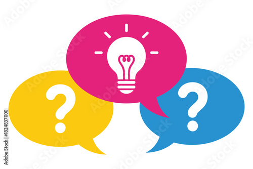 A bright idea emerges from a discussion of questions represented by colorful speech bubbles.
