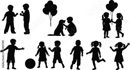 Happy childhood silhouettes of playful kids, toddlers, and young children enjoying various activities like playing with a dog, holding balloons, and running with pure joy and innocence.