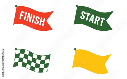 Red finish flag, green start flag, checkered flag, and a blank yellow flag are displayed in a four-quadrant arrangement on a white background.