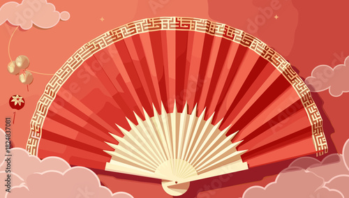 Red bordered fan with golden pattern traditional paper fan lunar new year