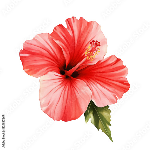 Bright Red Hibiscus Flower With Vibrant Petals and Green Leaves