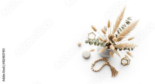 Still life of dried flowers arrangement isolated on white background