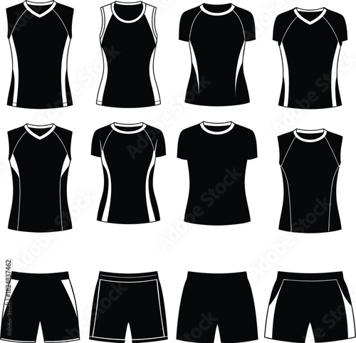 Set of black and white men's and women's volleyball uniforms and apparel