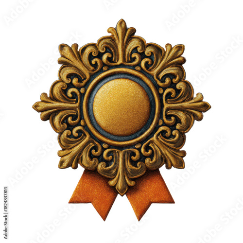 A gold and orange award with a ribbon