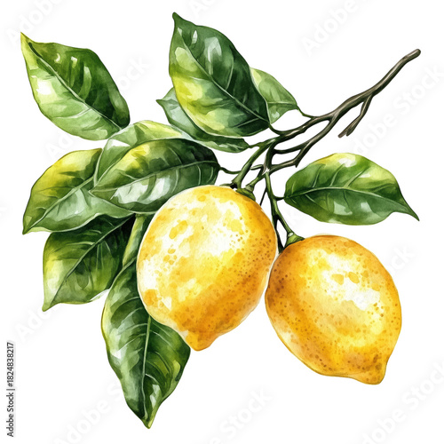 Vibrant Lemon Branch With Ripe Fruit and Green Leaves on a White Background