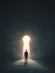 back view of businessman standing in abstract key opening in wall with bright light and mock up place solution and decision concept no logos no brands ar 34