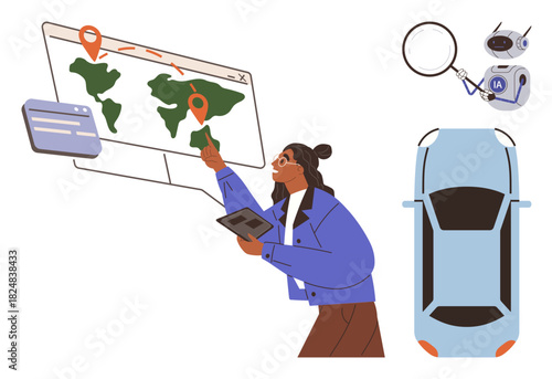 Woman interacting with virtual map, tracking locations. Includes magnifying glass, car, and GPS tracker. Ideal for navigation, technology, logistics, exploration research travel simple flat