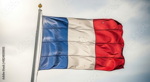 The french flag waving in the wind against a cloudy sky in the background