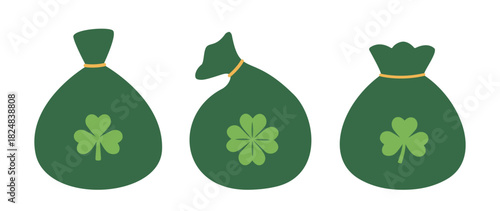 Set of St.Patrick's Day green bag with shamrock flat vector illustration. 
Money bag with clover clipart symbol.
St.Patrick's Day element.
White background.