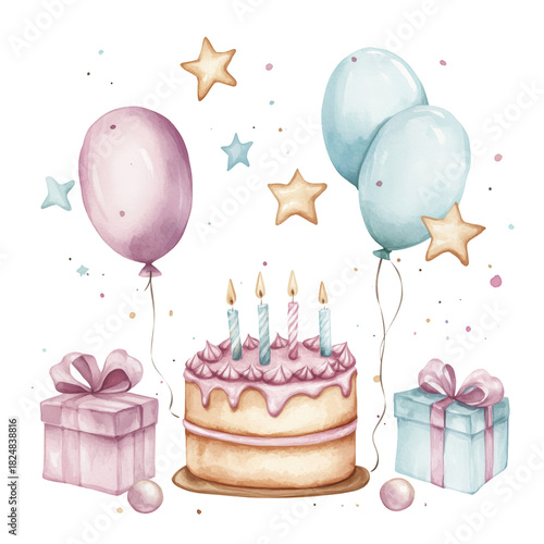 Colorful Birthday Cake With Balloons and Gifts for a Festive Celebration