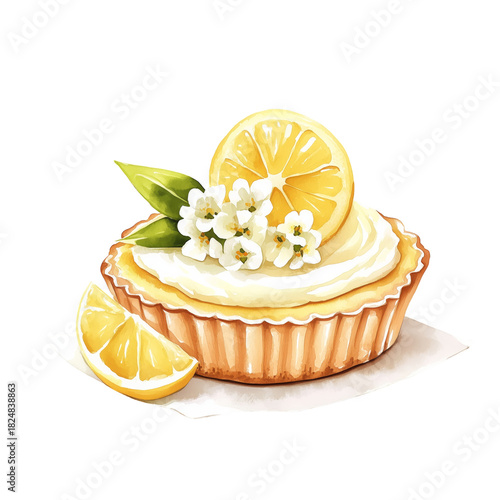 Fresh Lemon Tart With a Slice of Lemon and a Flower on a Plate