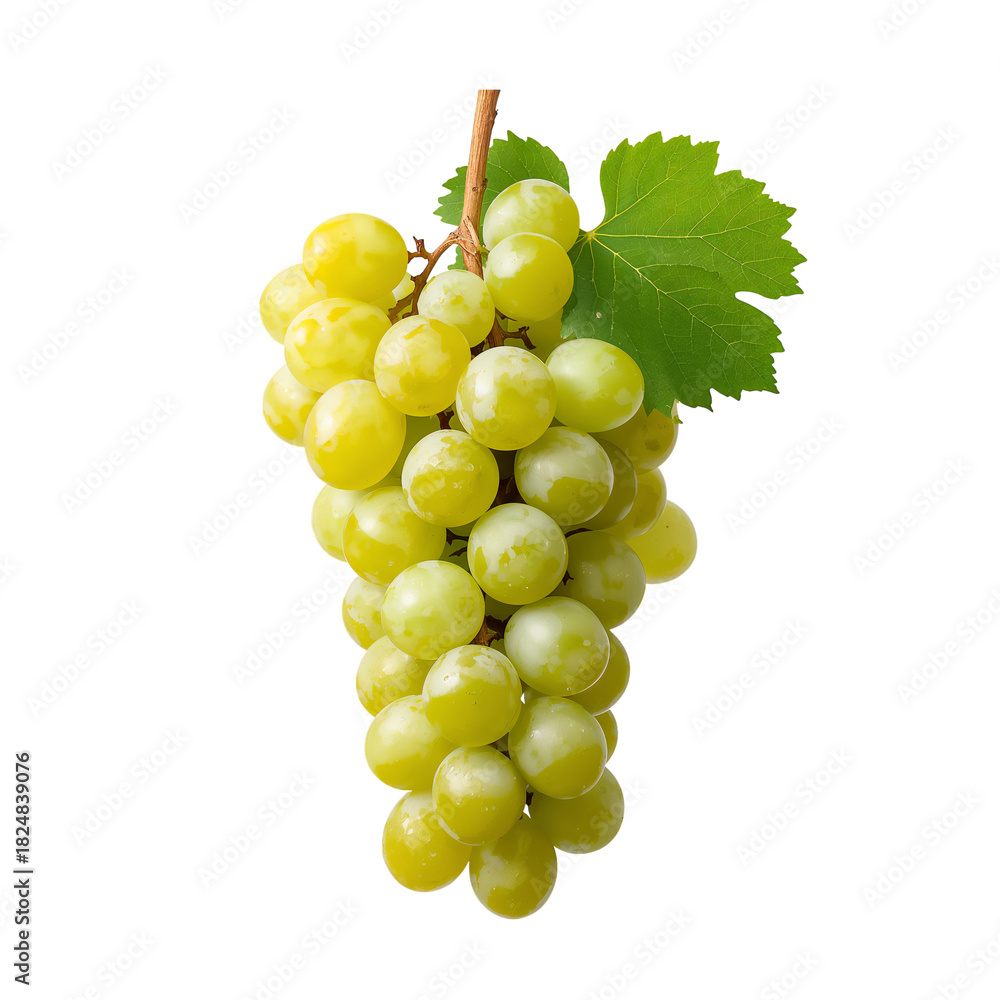 Fototapeta premium Bunch of Ripe Green Grapes Hanging on a Vine With Fresh Green Leaves
