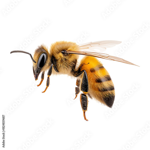 Close-up of a Honey Bee Flying With Intricate Details of Its Wings and Body