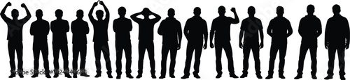 Horizontal Line of Men's Silhouettes Standing Together in a Crowd, Cheering, Raised Fists, and Diverse Gestures Representing Teamwork, Unity, and Protest Graphics