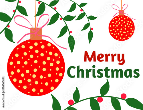 Christmas Holiday banner, card, poster, cover, background. Modern bright Xmas design with hand drawn beautiful Christmas tree, ball with bow. Vector illustration templates for holiday greeting card