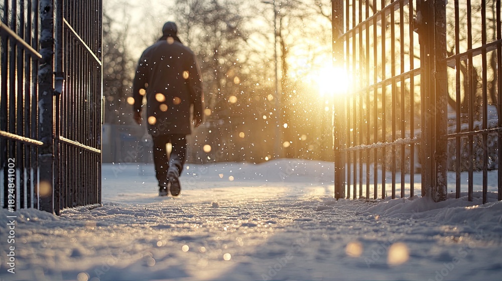 Naklejka premium A person strolls down a snowy path, enjoying a quiet moment during sunset, surrounded by bare trees and a chilled winter atmosphere