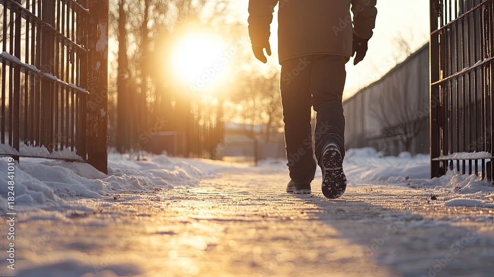 Fototapeta premium A person strolls down a snowy path, enjoying a quiet moment during sunset, surrounded by bare trees and a chilled winter atmosphere