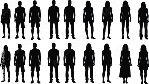 Mixed Casual People Silhouette Vector Set, Black Men and Women Standing in Shirts, Shorts, and Dresses, Excellent for Architectural Elevation and Map Graphics.