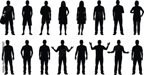 Full body anonymous black silhouette collection of diverse people, including men and women standing with various casual poses, isolated on a white background for design resources.