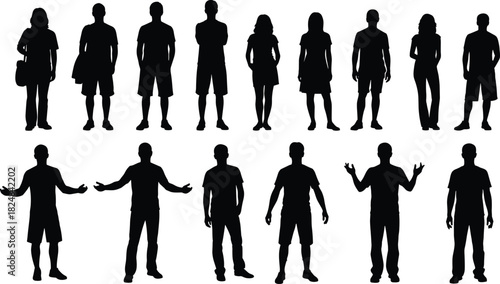 Collection of male and female singers' silhouettes in dynamic action poses, holding microphones while performing live on stage for a passionate musical concert or entertainment event.