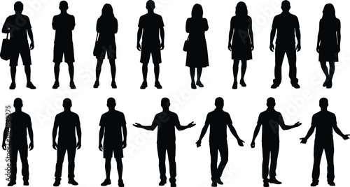Collection of black human silhouettes standing in rows, men and women figures isolated on white background, diverse crowd people vector illustration design