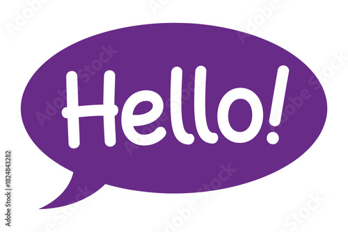 A purple speech bubble with the word "Hello!" written in white, symbolizing communication and greetings.