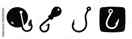 Fishing hooks, tackle, and lure icons set for sport angling