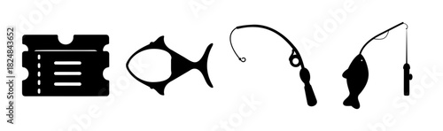 Fishing trip icons: ticket, rod, and fish silhouette design.