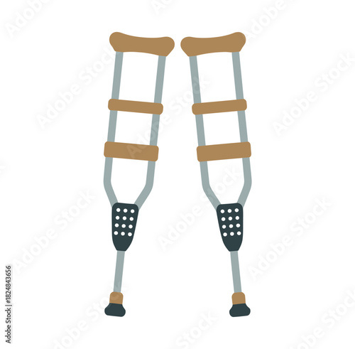 A pair of crutches stands upright, illustrating the concept of mobility assistance and recovery from injury.