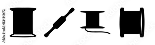 Sewing and tailoring tools silhouettes: spool, shuttle, bobbin.