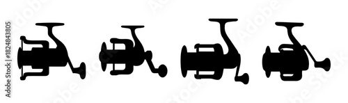 Set of black fishing reel silhouettes on white background