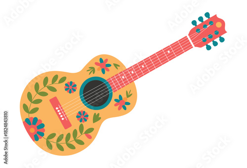Acoustic guitar decorated with colorful flowers and leaves, presented in a stylized, artistic manner against a plain background.