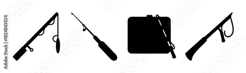 Fishing equipment silhouettes for angling and outdoor leisure.