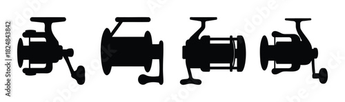 Four fishing reel black silhouettes on isolated background