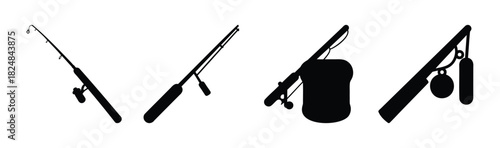 Fishing rod collection silhouettes, angling equipment icons.