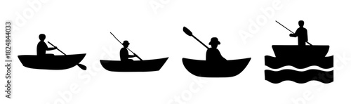 Silhouettes of people in boats, paddling and fishing icons