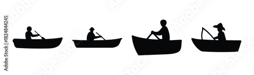 People in boats silhouette set, rowing and fishing activity