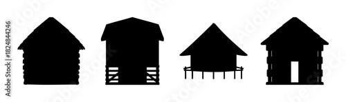 Various rustic house and hut silhouettes on white background.