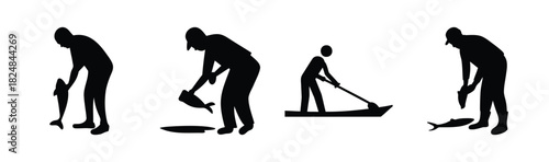 Fishermen silhouettes, various fishing activities, isolated