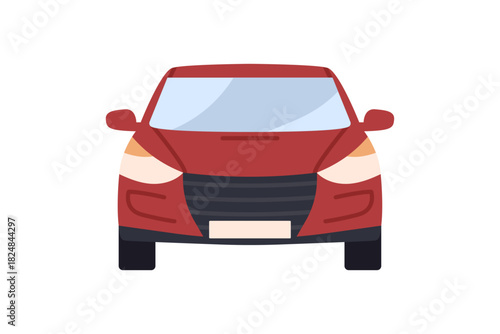 Car front view, modern wheeled auto and road motor transport showing simplified sedan shape with headlights, windshield, mirrors and abstract on white background flat vector illustration.