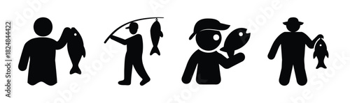 Fishermen holding caught fish. simple fishing activity icons.
