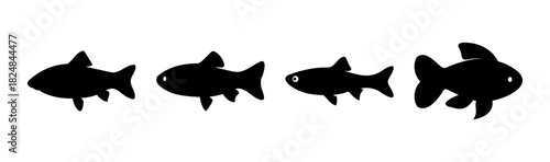 Four simple black fish silhouettes swim together in a row