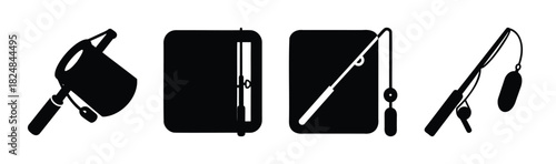 Fishing and angling equipment icon set for outdoor recreation.