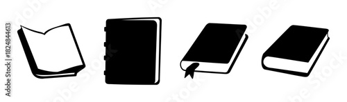 Collection of various black book icons and notebook silhouettes