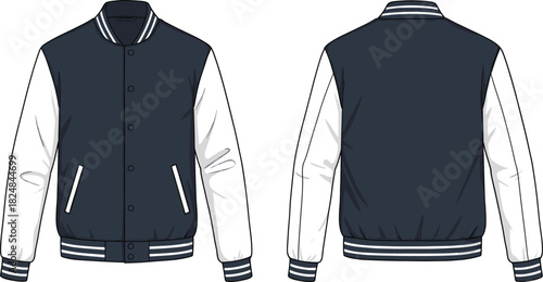 Varsity jacket front and back view, navy and white contrast sleeves, ribbed collar cuffs hem, fashion flat illustration