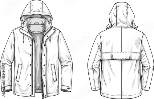Waterproof hooded jacket technical drawing with detailed stitching, front and back views, insulated outerwear design, apparel illustration mockup